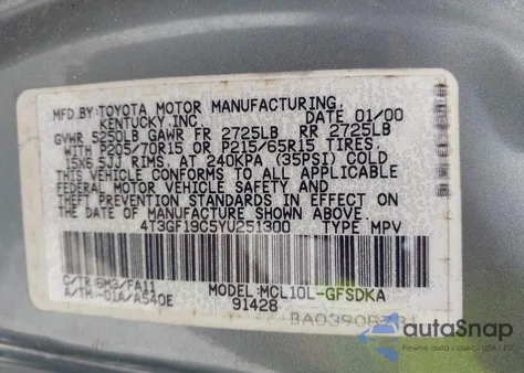 2000 Toyota Sienna Ce из США, поврежденный, VIN 4T3GF19C5YU251300